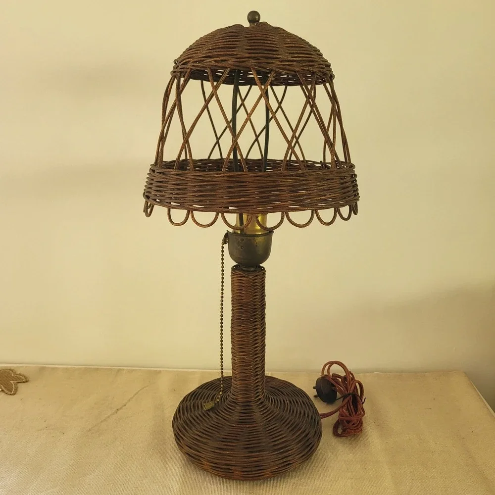 Antique Vintage Art Deco Mushroom Wicker Table Lamp Woven Rattan Brown 18